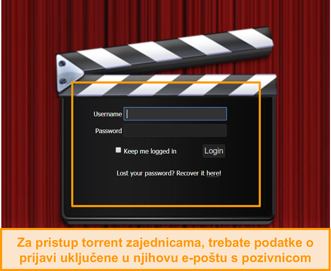 Snimka zaslona stranice za prijavu PassThePopcorn