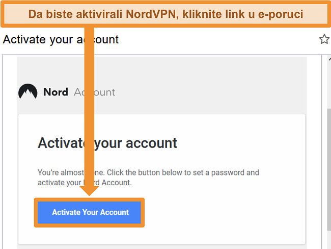 Snimka zaslona opcije aktivnog NordVPN računa putem e-pošte