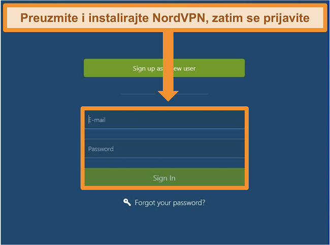 Snimka zaslona zaslona za prijavu u NordVPN Windows aplikaciji