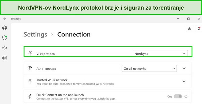Snimka zaslona NordVPN-ove Windows aplikacije koja prikazuje odabran NordLynx protokol
