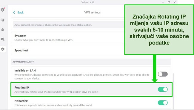 Snimka zaslona Windows sučelja Surfsharka koja prikazuje uključeno IP rotiranje