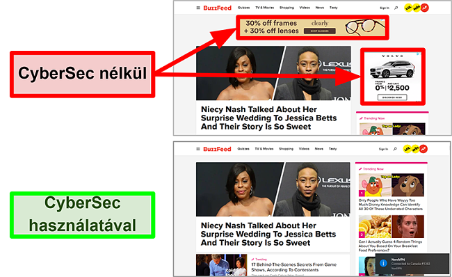 A BuzzFeed kezdőlapjának képernyőképe a NordVPN CyberSec szolgáltatásának be- és kikapcsolásával