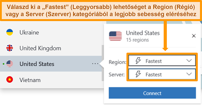Pillanatkép a NordVPN egyesült államokbeli szerveropcióiról, amelyek a leggyorsabb régiót és szervert mutatják