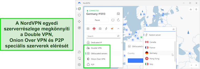 A NordVPN speciális szerverválasztási területének áttekintése.