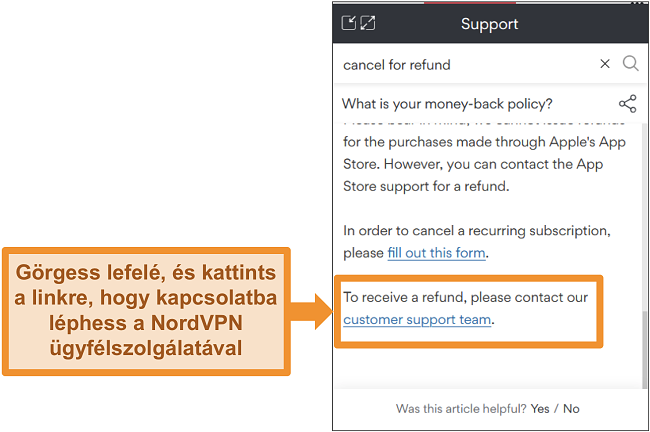 Pillanatkép a NordVPN chat botról, amely válaszol egy visszatérítési kérdésre
