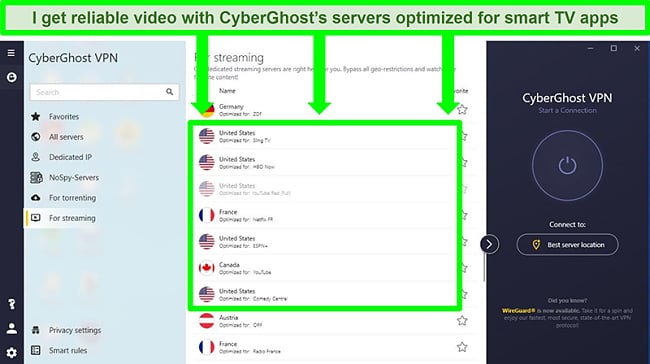 Screenshot of CyberGhost's specialized streaming server menu