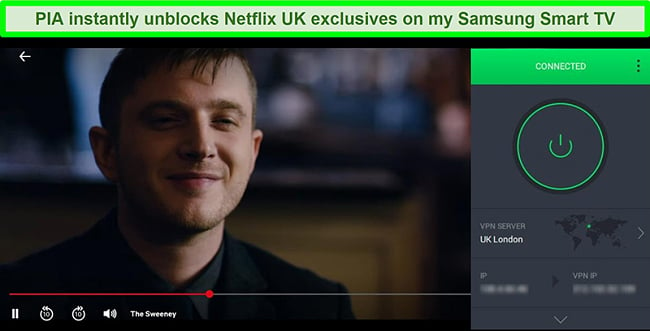 Screenshot of The Sweeney streaming on Netflix UK while PIA is connected to a server in London