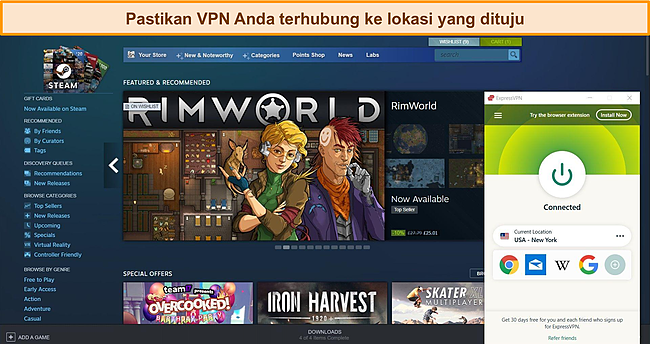 Cuplikan layar dasbor Steam dengan ExpressVPN terhubung ke server AS.