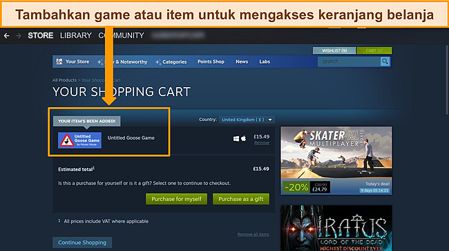 Cuplikan layar dasbor Steam dengan sorotan di sekitar game yang baru saja ditambahkan ke keranjang.