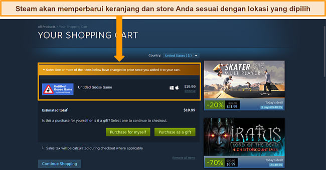 Tangkapan layar dasbor Steam dengan mata uang dan keranjang yang diperbarui agar sesuai dengan lokasi baru yang dipilih.