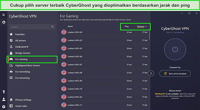 Tangkapan layar server game khusus CyberGhost dengan opsi penyortiran ping dan jarak disorot.