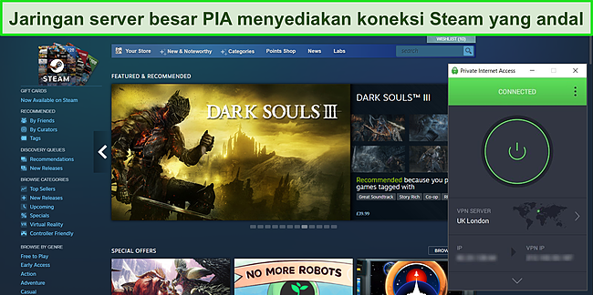 Tangkapan layar PIA yang terhubung ke server Inggris dengan dasbor Steam dapat diakses dengan jelas.