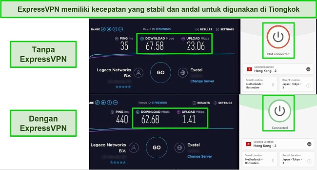 Cuplikan layar dari 2 tes kecepatan Ookla, satu tanpa koneksi VPN dan satu lagi dengan ExpressVPN terhubung ke server Hong Kong.