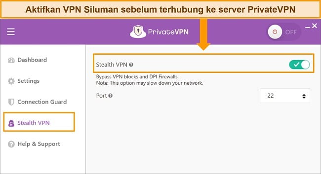 Tangkapan layar aplikasi Windows PrivateVPN yang menyoroti fitur Stealth VPN