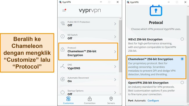 Tangkapan layar aplikasi Windows VyprVPN, menunjukkan cara menemukan dan mengubah protokol koneksi ke Bunglon