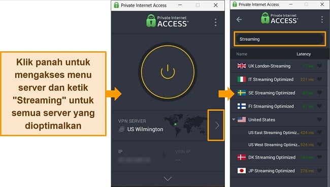 Tangkapan layar server streaming PIA ditemukan dengan mengetik 'streaming' di bilah pencarian