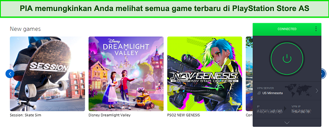 Cuplikan layar PlayStation Store di AS dengan PIA yang terhubung ke server di AS