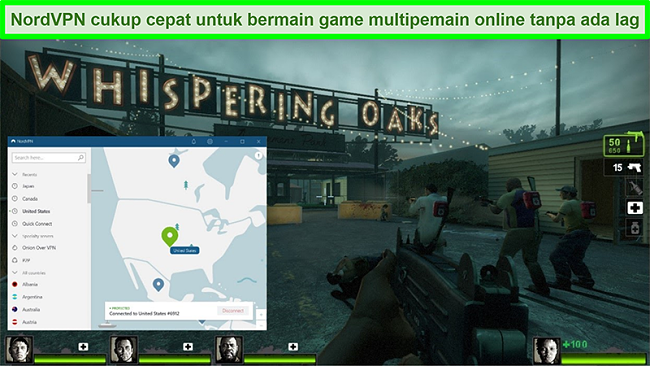 Tangkapan layar dari NordVPN yang terhubung ke server AS saat game Left 4 Dead 2 sedang dimainkan
