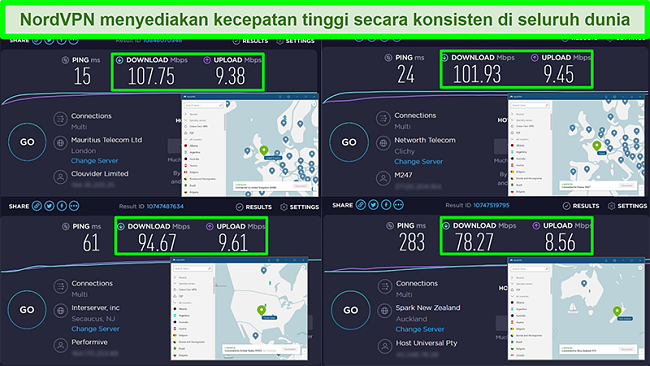 Tangkapan layar uji kecepatan dengan NordVPN yang terhubung ke server global yang berbeda