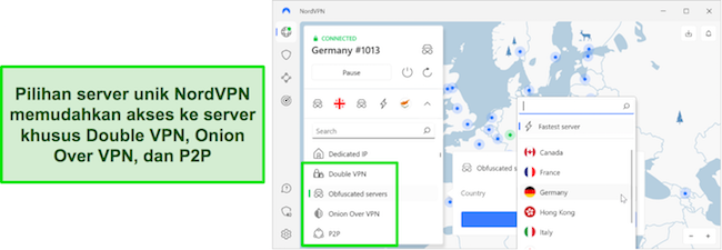 Ikhtisar area pemilihan server khusus NordVPN.