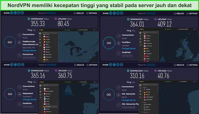 Hasil tes kecepatan NordVPN di 4 server global.