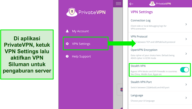 Cuplikan layar aplikasi PrivateVPN iOS menunjukkan cara mengaktifkan fitur Stealth VPN.