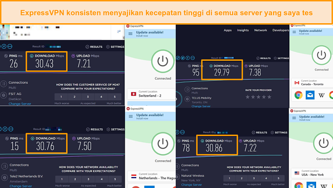 Tangkapan layar perbandingan kecepatan antara berbagai server ExpressVPN