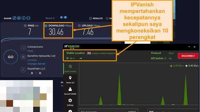 Tangkapan layar uji kecepatan dengan koneksi IPVanish