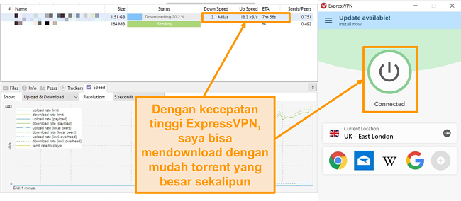 Tangkapan layar pengunduhan file torrent dengan pengaturan koneksi ExpressVPN