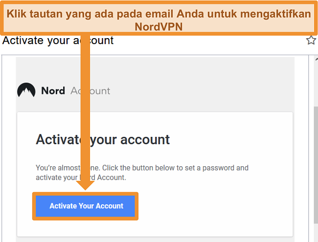 Tangkapan layar opsi untuk mengaktifkan akun NordVPN melalui email