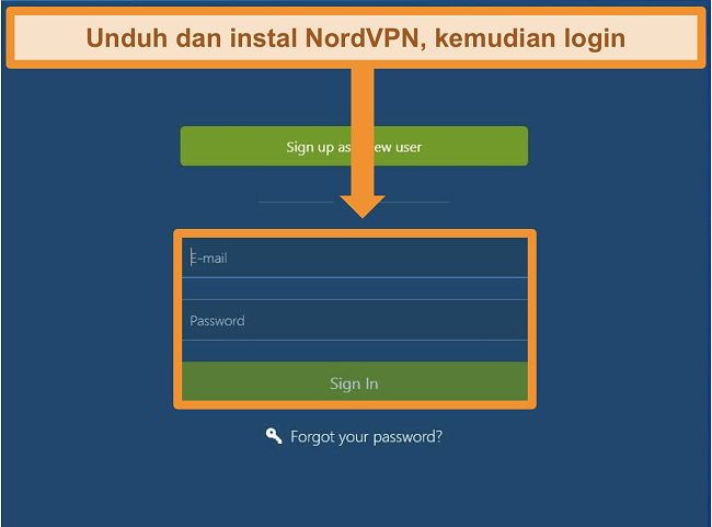 Tangkapan layar dari layar masuk pada aplikasi NordVPN Windows