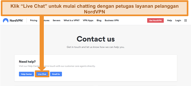Tangkapan layar dari halaman Hubungi kami NordVPN yang menampilkan tombol Obrolan Langsung