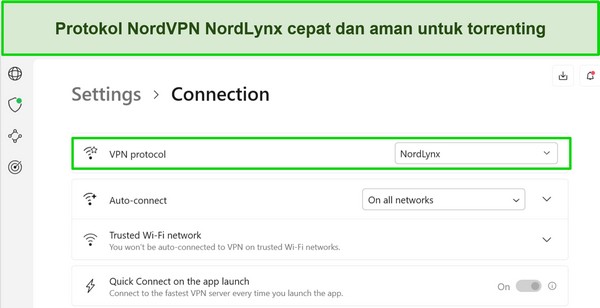 Tangkapan layar aplikasi Windows NordVPN menunjukkan protokol NordLynx dipilih