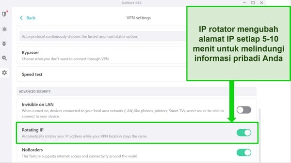 Tangkapan layar antarmuka Windows Surfshark yang menunjukkan Perputaran IP diaktifkan