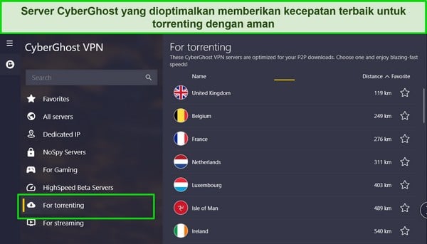 Tangkapan layar aplikasi Windows CyberGhost dengan daftar server torrent yang disorot.