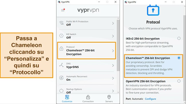 Screenshot dell'app Windows di VyprVPN, che mostra come trovare e modificare il protocollo di connessione in Chameleon