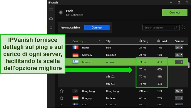 Screenshot dell'app Windows di IPVanish, che mostra il menu dei singoli server ed evidenzia il ping e il carico utente dei server