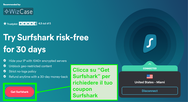 Screenshot della pagina delle offerte segrete di Surfshark che mostra come richiedere il tuo coupon Surfshark