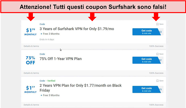 Screenshot di falsi coupon Surfshark