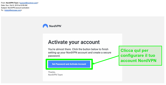 Schermata dell'email di attivazione dell'account NordVPN