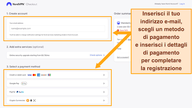 Screenshot della schermata di pagamento di NordVPN sul desktop