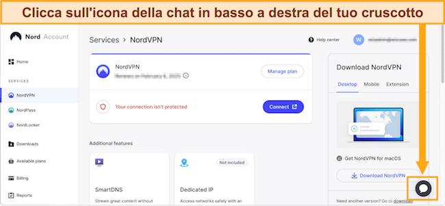 Screenshot dell'icona della chat di NordVPN nella dashboard