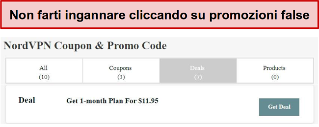 Un sito Web che mostra un falso affare di sconto NordVPN