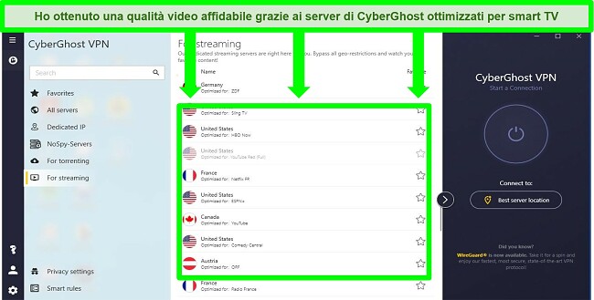 Screenshot del menu del server di streaming specializzato di CyberGhost