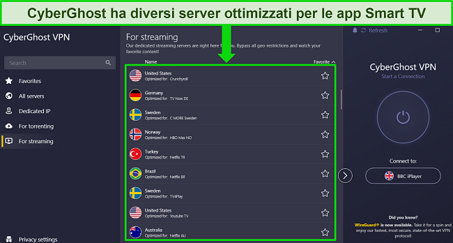 Screenshot dell'app Windows di CyberGhost con il menu del server di streaming ottimizzato aperto ed evidenziato per mostrare diverse opzioni del server