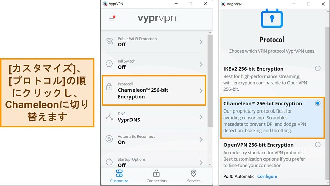 Chameleon への接続プロトコルを見つけて変更する方法を示す VyprVPN の Windows アプリのスクリーンショット