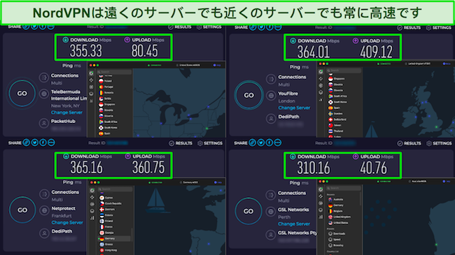 複数のサーバーにわたる NordVPN 速度テスト結果のスクリーンショット