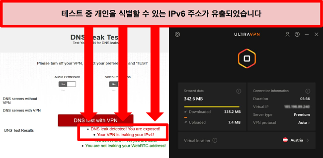 UltraVPN이 오스트리아의 서버에 연결되어 있는 동안 실패한 IPv6 누출 테스트 스크린샷