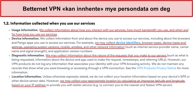 Skjermbilde av personvernregler for Betternet VPN