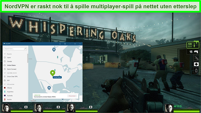 Skjermbilde av NordVPN koblet til en amerikansk server mens spillet Left 4 Dead 2 spilles